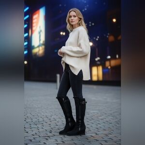 Fendi Wedge  Suede  Fur Trim Black  Knee High Boots Size 38 1/2